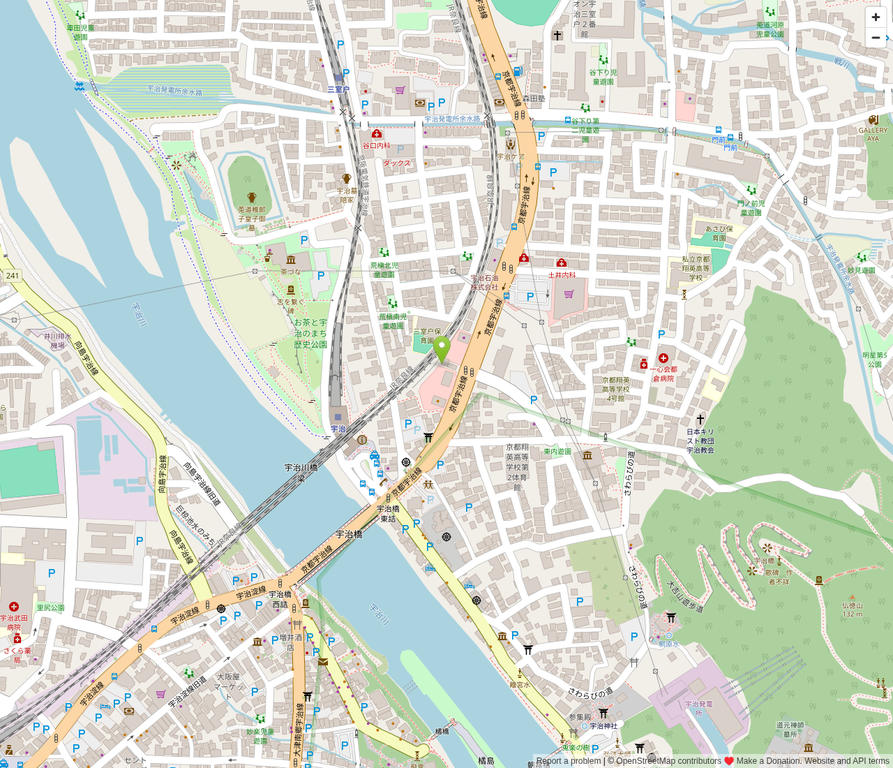 OpenStreetMapの地図。宇治駅近くのOHANAの場所をマーカーで表示