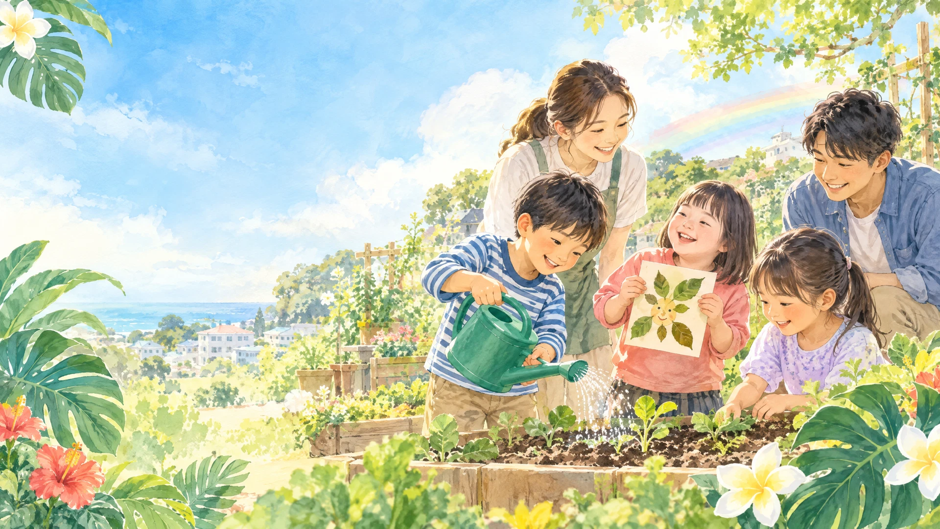 子どもたちと職員が庭で活動するやさしいイラスト